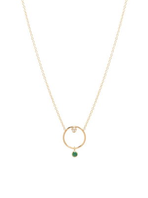 14k Medium Circle Necklace With Diamond And Emerald