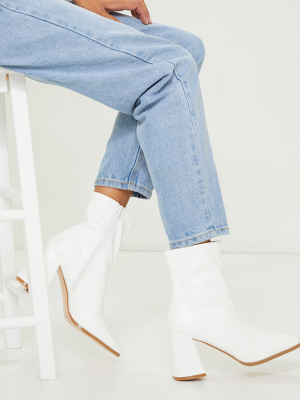 White Matte Pu Square Toe Mid Flare Block Heel...