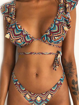 Ethnic Printed Brazilian Cut Ruffle Bikini Swimsuit - Two Piece Set