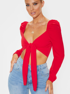 Red Pebble Crepe Puff Long Sleeve Tie Crop Blouse