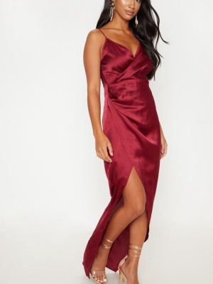 Petite Burgundy Satin Wrap Detail Maxi Dress