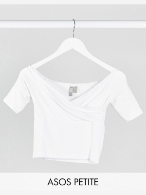 Asos Design Petite Sexy Off Shoulder Wrap Front Top In White