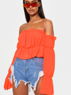 Neon Orange Woven Ruffle Bardot Flared Sleeve...