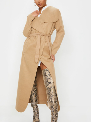 Camel Maxi Length Oversized Waterfall Belted Coat