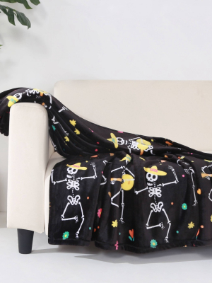 50"x60" Dancing Skeletons Printed Halloween Throw Blanket Black - Better Living