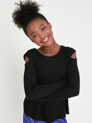 Girls Waffle Cold Shoulder Long Sleeve In Black