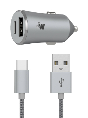 Just Wireless 3.4a/17w 2-port Usb-c & Qc3.0 Car Charger With 6ft Braided Type-c To Usb Cable -slate