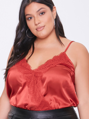 Plus Size Satin Lace-trim Bodysuit