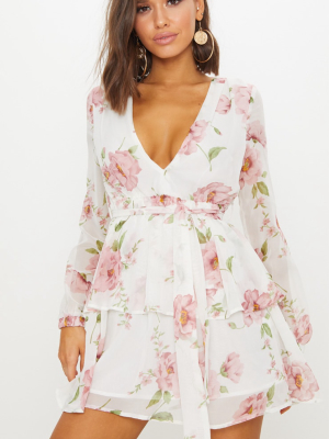 White Floral Chiffon Double Tier Plunge Skater...