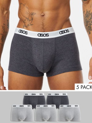 Asos Design 5 Pack Short Trunk In Charcaol And Gray Marl Organic Cotton With Branded Waistband