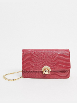 Asos Design Cross Body Bag With Chain Shoulder Strap In Burgandy Lizard With Ball Hardware