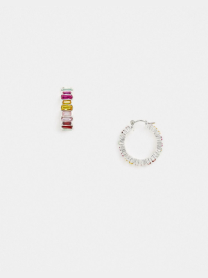 Pieces Small Hoop Earrings With Rainbow Stones In Silver