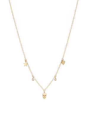 14k 3 Itty Bitty Dangling Skull, Heart And Star Diamond Necklace