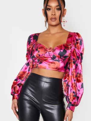 Hot Pink Floral Satin V-wire Underbust Cropped...