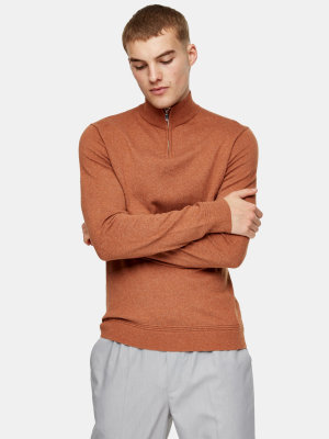 Rust Turtle Neck Zip Knitted Sweater