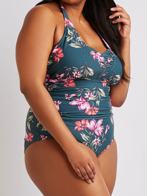 Plus Size Floral Printed Ruched Halter One Piece Swimsuit