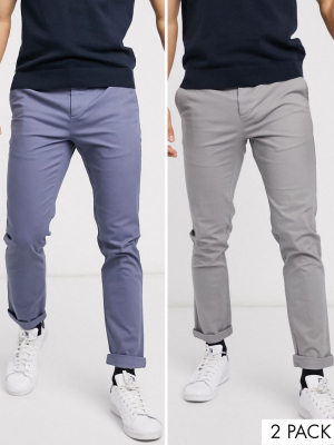 Asos Design 2 Pack Slim Chinos In Blue & Warm Gray Save