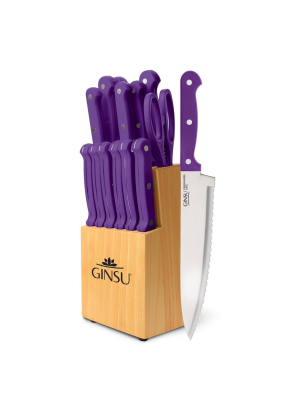 Ginsu Kiso Dishwasher Safe 14pc Knife Block Set Natural With Purple Handles