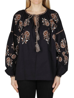 P.a.r.o.s.h. Floral-embroidered Bishop Sleeved Blouse