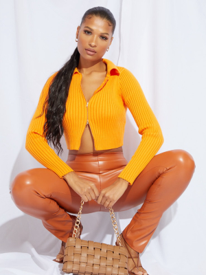 Orange Double Zipped Knitted Crop Top