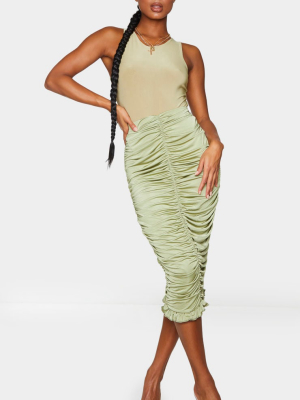 Sage Green Slinky Ruched Frill Hem Midi Skirt