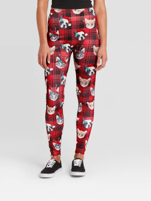 Women's Plaid Cats And Dogs Holiday Seamless Fleece Lined Leggings - Wondershop™ Red