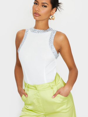 White Woven Sparkle Trim Racer Neck Bodysuit