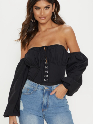 Black Hook & Eye Bardot Long Sleeve Bodysuit