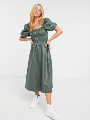 Asos Design Leather Look Shirred Midi Dress With Puff Sleeves In Khaki