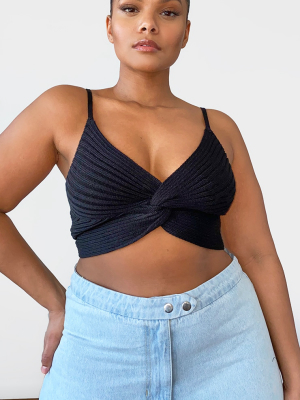 Plus Black Knit Twist Front Crop Top