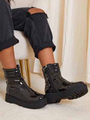 Black Patent Pu Chunky Sole Zip Front Buckle...