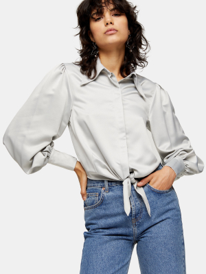 Silver Collar Satin Knot Front Blouse