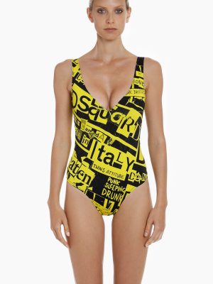 Plunging One Piece Swimsuit - Yellow & Black Graphic Print