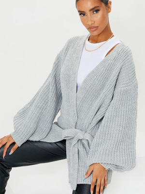 Grey Chunky Long Line Belted Cardigan