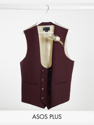 Asos Design Plus Wedding Super Skinny Wool Mix Suit Suit Vest In Burgundy