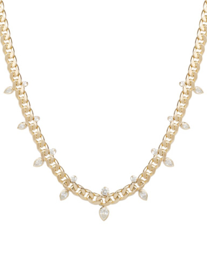 14k Gold Large Curb Chain Necklace With Prong And Pear Diamonds