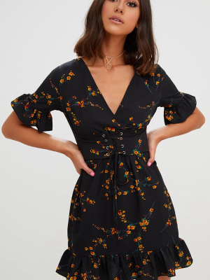 Black Floral Corset Swing Dress