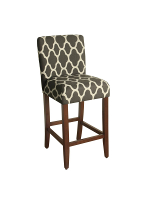 29" Wooden Counter Height Barstool With Quatrefoil Pattern Fabric Upholstery Gray/white - Benzara