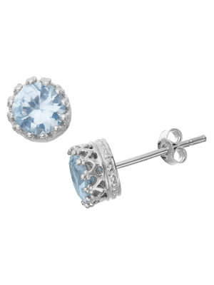 6mm Round-cut Aquamarine Crown Earrings In Sterling Silver