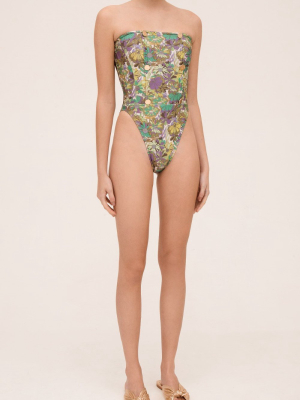 Flower Bloom High-leg Strapless Swimsuit With Buttons