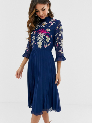 Asos Design Embroidered Pleated Midi Dress With Fluted Sleeve In Navy