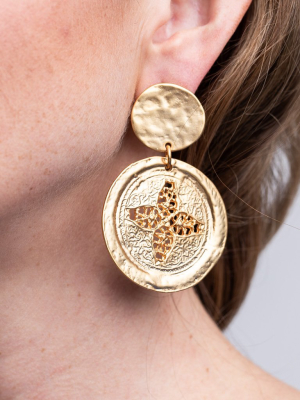 Satin Gold Carved Coin Drop Pierced Earrings