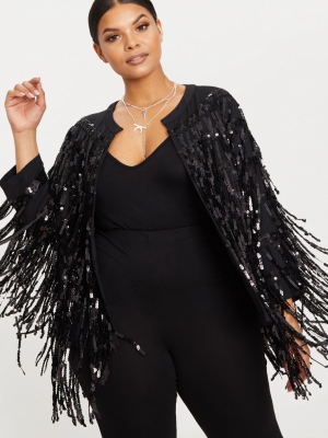 Plus Black Sequin Fringed Jacket