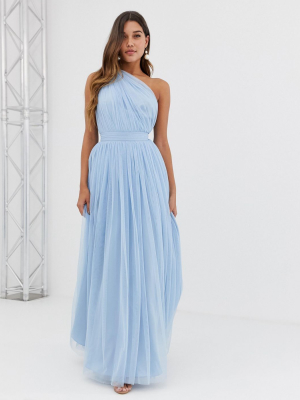 Asos Design One Shoulder Tulle Maxi Dress In Blue