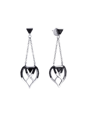 Rhodium Plated Silver Double Bow Earrings With Onyx And Spinel