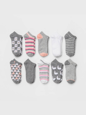 Women's Llama 10pk Low Cut Socks - Xhilaration™ Gray/pink/white 4-10
