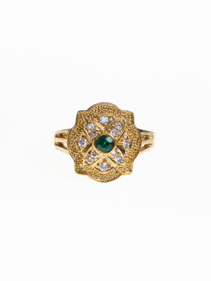Art Deco Emerald And Diamante Crystal Ring With Milgrain Accent
