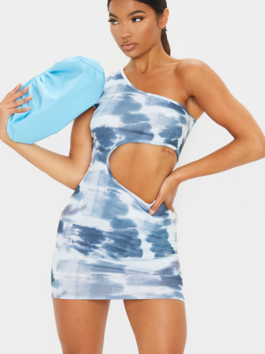 Blue Tie Dye One Shoulder Waist Cut Out Bodycon...