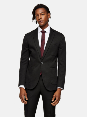 Black Single Breasted Skinny Fit Jersey Suit Blazer With Notch Lapels