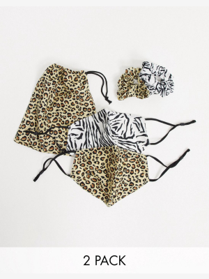 Asos Design 2 Pack Face Covering With Scrunchie In Animal Print